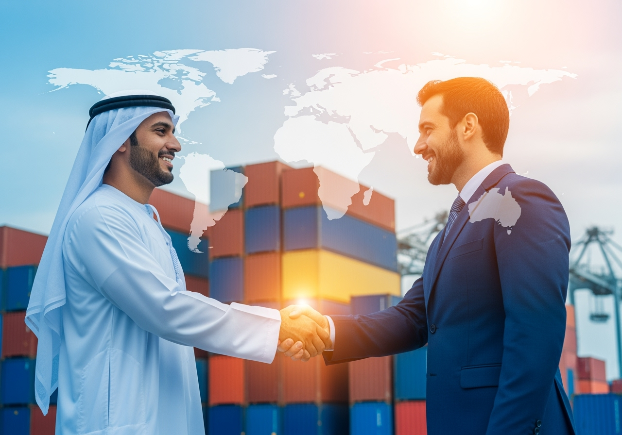 Arab businessman in traditional attire shaking hands with a Brazilian businessman in a suit, with cargo containers and a world map in the background, symbolizing global food export trade and Brazil–Arab business partnerships