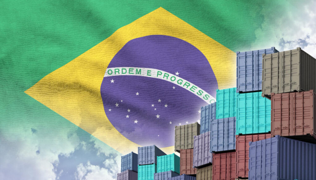 Brazilian food and agricultural exports to Arab markets – shipping containers with Brazil flag background