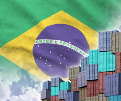 Brazilian food and agricultural exports to Arab markets – shipping containers with Brazil flag background