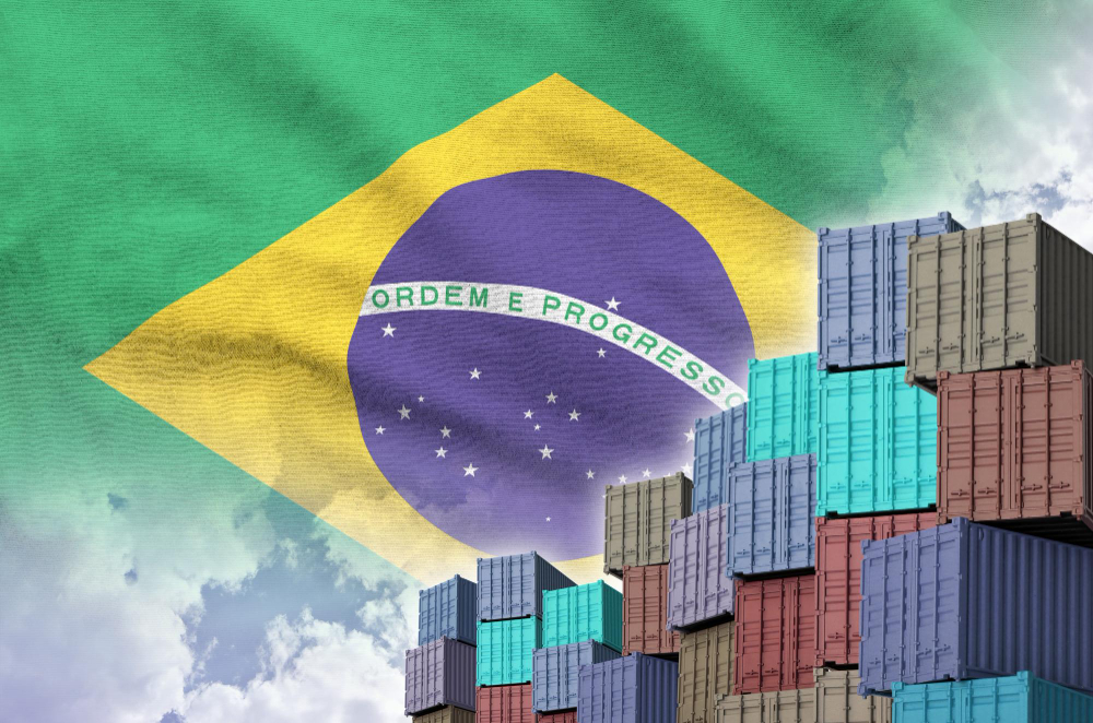 Brazilian food and agricultural exports to Arab markets – shipping containers with Brazil flag background